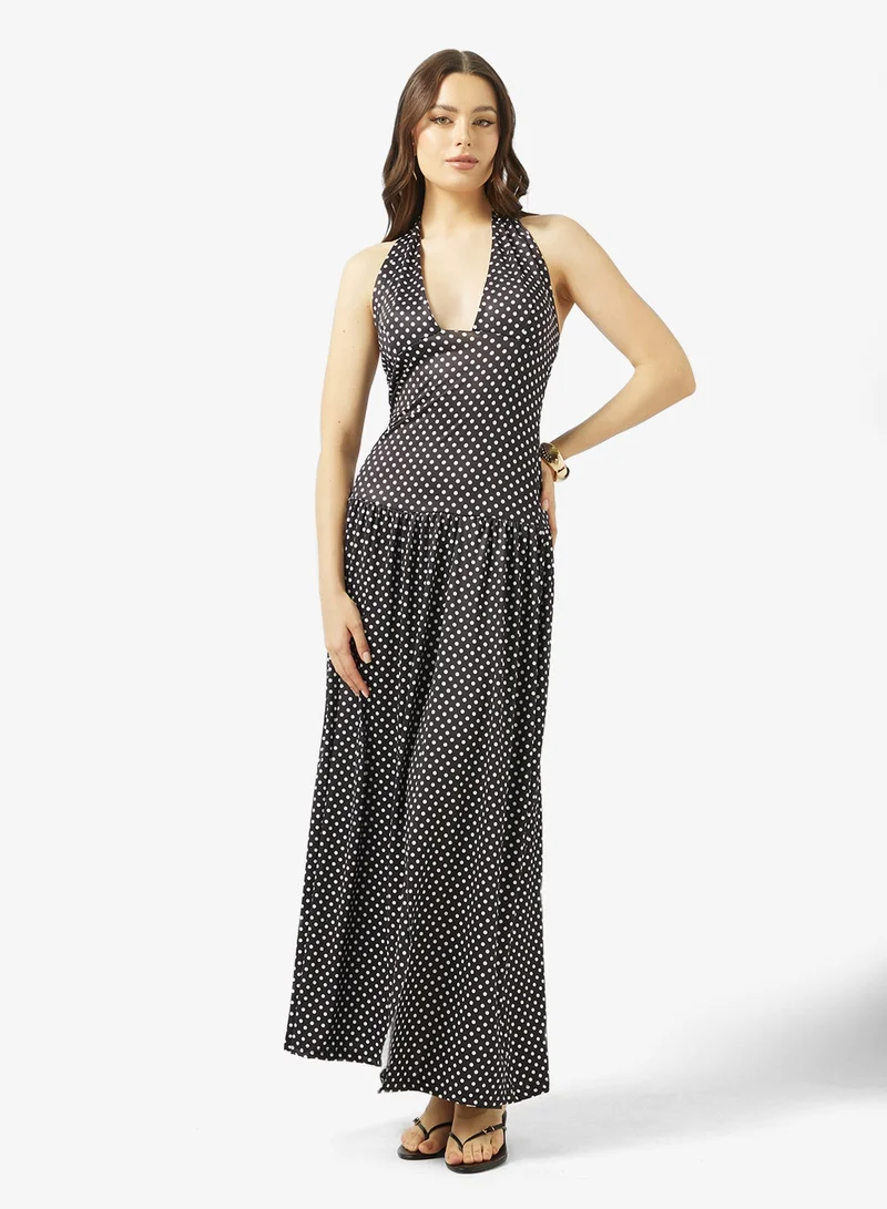 Ginger Halter Neck Polka Dot Dress with Slit